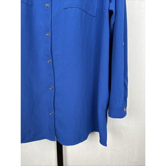 Susan Graver Button Down Blouse Women's 18W Blue Silver Buttons Stretch Roll Tab - Picture 6 of 13